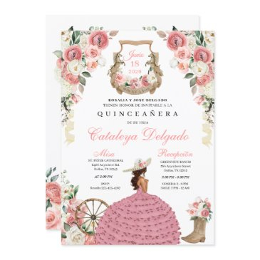 pink floral western mariachi charro quinceañera invitation