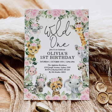 pink floral wild one jungle safari birthday girl invitation