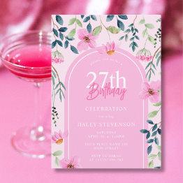 Small Pink Floral Wildflower Girly Elegant 27th Birthday Invitation Front View