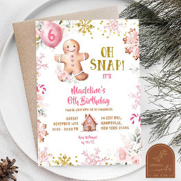 Small Pink Floral Winter Gingerbread House Birthday Girl Invitation Front View