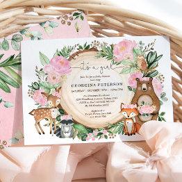 Small Pink Floral Woodland Forest Animals Baby Girl Invitation Front View