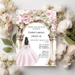 Small Pink Florals Arch Dress Sweet 16 Invitation Front View