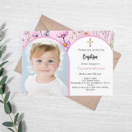 Small Pink Florals Photo Arch Girl Cross Baptism Invitation Front View