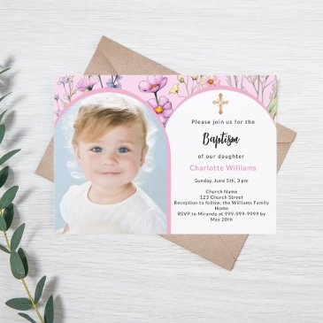 pink florals photo arch girl cross baptism invitation