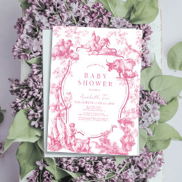 Small Pink French Country Farm Animal Girl Baby Shower Invitation Front View