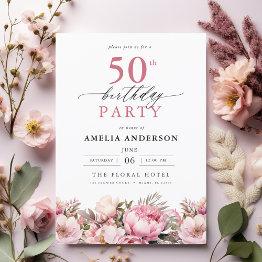 Small Pink Garden Floral Calligraphy 50th Birthday Invitation Front View