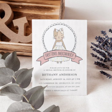 pink getting meowied cat theme bridal shower invitation