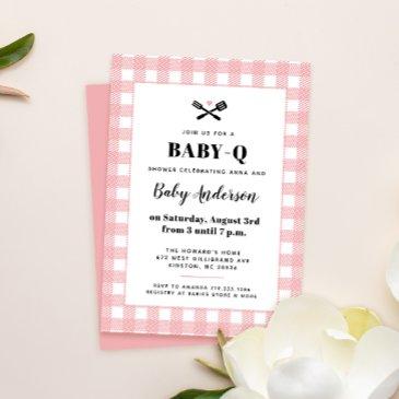 pink gingham plaid baby shower bbq invitation