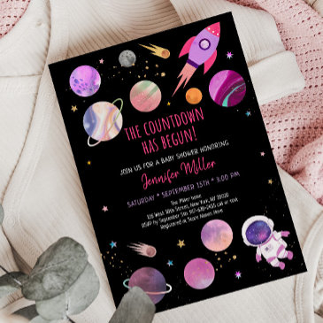 pink girl astronaut space baby shower invitation