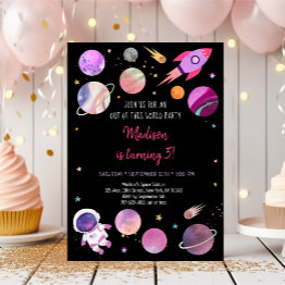 Small Pink Girl Astronaut Space Birthday Invitation Front View