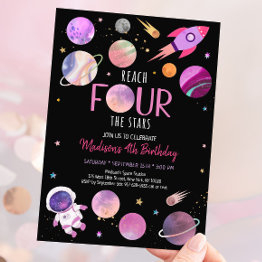 Small Pink Girl Astronaut Space Fourth Birthday Invitation Front View