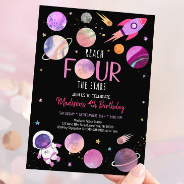 pink girl astronaut space fourth birthday invitation
