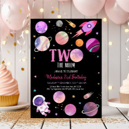 Small Pink Girl Astronaut Space Two The Moon Birthday Invitation Front View