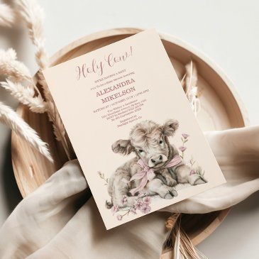 pink girl floral highland cow baby shower invitation