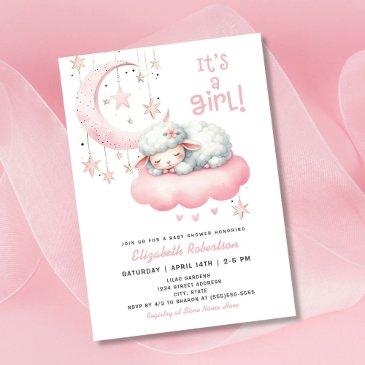pink girl little lamb baby shower invitation