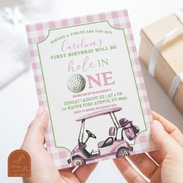 pink girl's preppy golf hole in one first birthday invitation