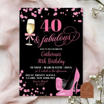 pink glitter 40 and fabulous high heels birthday invitation