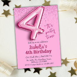Small Pink Glitter Cute Balloon No.4 Girly 4th Birthday Invitation Front View