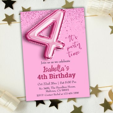 pink glitter cute balloon no.4 girly 4th birthday invitation