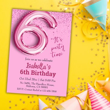 pink glitter cute balloon no.6 girly 6th birthday invitation