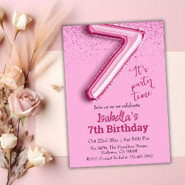 Small Pink Glitter Cute Balloon No.7 Girly 7th Birthday Invitation Front View