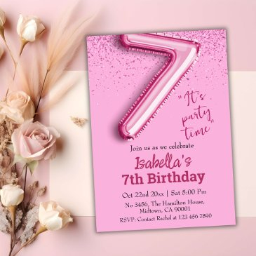 pink glitter cute balloon no.7 girly 7th birthday invitation