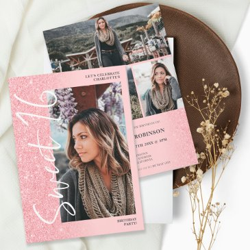 pink glitter ombre script 4 photos sweet 16 invitation