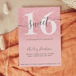 Small Pink Glitter Sparkles Ombre Girly Script Sweet 16 Invitation Front View