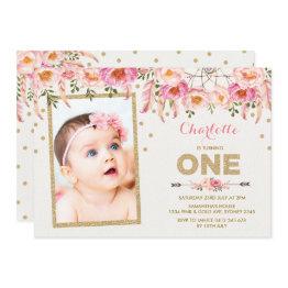 Small Pink Gold Boho Floral First 1st Birthday Invite Front View