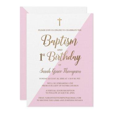 pink gold custom virtual baptism first birthday invitation