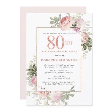 pink gold floral 80th birthday surprise party invitation