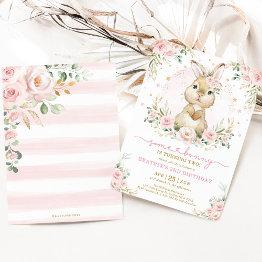 Small Pink Gold Floral Bunny Rabbit Girl Birthday Party Invitation Front View