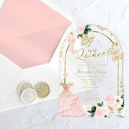 Small Pink Gold Floral Butterfly Quinceañera Acrylic Invitations Front View