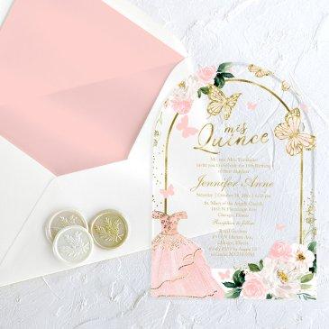 pink gold floral butterfly quinceañera acrylic invitations