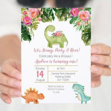 pink & gold girl dinosaur birthday invite