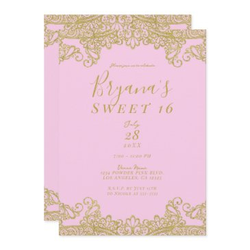 pink & gold glitter lace elegant sweet 16 party invitation