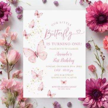 pink gold little butterfly is turning one birthday invitation