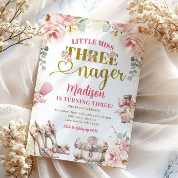pink gold little miss threenager third birthday invitation