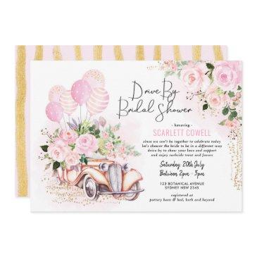 pink gold roses retro car drive by bridal shower invitation