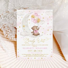 Small Pink Gold Teddy Bear Moon Stars Baby Girl Shower Invitation Front View