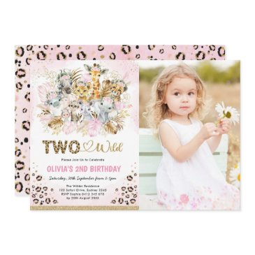 pink gold tropical safari two wild photo birthday invitation