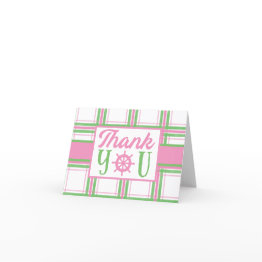 Small Pink, Green And White Nautical Themed Thank You Invitations Front View