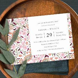 Small Pink Green Floral Paisley Motif Engagement Invite Front View