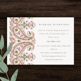 Small Pink Green Floral Paisley Motif Wedding Reception Enclosure Invitations Front View