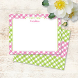 Small Pink Green Gingham Preppy Girly Stationery Note Invitations Front View