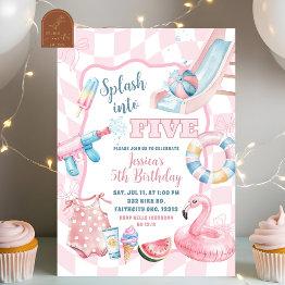 Small Pink Groovy Pastel Pool Summer Party Girl Birthday Invitation Front View