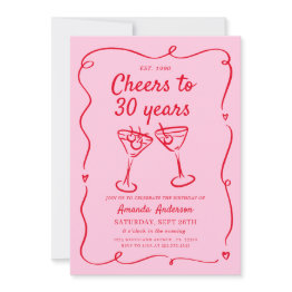 Small Pink Hand Drawn Cocktail 30th,40th,50th, Birthday Invitation Front View