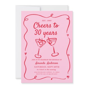 pink hand drawn cocktail 30th,40th,50th, birthday invitation