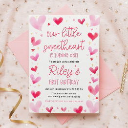Small Pink Hearts 1st Birthday Our Little Sweetheart Invitation Front View
