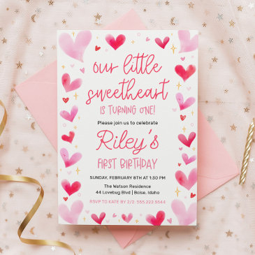 pink hearts 1st birthday our little sweetheart invitation